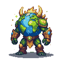 Colossal earth elemental with a planet-shaped body, golden armor, glowing blue gems, an emerald belt, fiery golden horns, and a halo of flames.