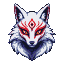 A kitsune mask with stark white fur and vibrant red markings, featuring piercing amber eyes.