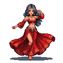 Pixel art Arabic dancer with flowing gray hair and blue eyes, wearing a red costume with gold patterns, posed dynamically mid-dance.