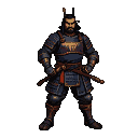 Stoic samurai in dark, detailed armor with golden accents, hands on hips, two swords sheathed at waist.