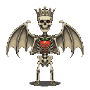 A skeletal figure wearing a crown and large bat wings, with glowing red eyes and a red strawberry in its ribcage.