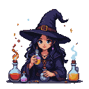 Young witch in a pointed hat and dark robes, holding vials of golden and purple potions, with a nearby flame casting a warm glow.