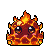Chibi slime monster with molten rock and flame body, red and orange textured body, yellow and orange flickering flames on head and sides, large dark eyes with white highlights, and pink blush on cheeks.
