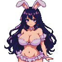 Anime character in a white bunny girl costume with long dark purple hair and large purple eyes, wearing bunny ears.