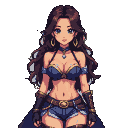 A woman with long dark hair, large expressive eyes, and a confident gaze, wearing a revealing dark blue outfit with gold accents.