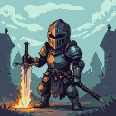Solitary medieval knight in dark armor, face obscured by helmet, grips a glowing fiery sword resting on the ground. Muted silhouettes of buildings and trees in hazy background.