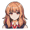 Young anime girl with auburn hair and amber eyes, wearing a dark school blazer, white shirt, and red tie.