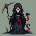 A cloaked figure in a tattered black Templar robe with a white Christ cross, holding a blood-red scythe and a coiled red snake, with a tormented expression.