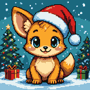 A wide-eyed fox cub wearing a Santa hat sits in a snowy landscape with two decorated Christmas trees and presents.