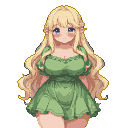 A shy elf girl with long blonde hair and starry eyes smiles gently, her cheeks flushed pink. She wears a frilly green dress.