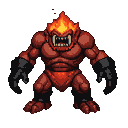 A hulking, fiery creature with a molten core, erupting flames from its head, sharp white teeth bared in a snarl, and hands encased in black gauntlets.
