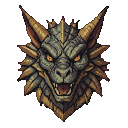 Majestic celestial dragon head with fiery orange eyes, muted green and gray scales, and golden horns.