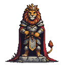 Anthropomorphic stone lion king statue wearing a crown, ornate armor, and a flowing red cloak, standing on a cracked, moss-covered pedestal.