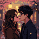 Young couple sharing a kiss in side profile, with messy black hair and glasses, surrounded by drifting cherry blossom petals.