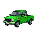 Lime-green, pixelated pickup truck in side profile on a black background.