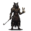 A necromancer with a wolf head, wearing dark ornate armor, holds a rabbit skull in its outstretched hand. A curved staff stands beside it.