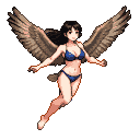 Avian-human hybrid with dark hair and feathered wings, wearing a blue bikini, in mid-flight.