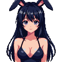 Young woman with long black hair, a bunny clip, and large violet eyes, wearing a black swimsuit.
