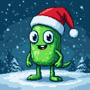 A bright green, pill-shaped creature with a Santa hat grins widely in a snowy landscape.