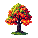 Stylized tree with a brown trunk and a rounded canopy of vibrant green at the top, transitioning to fiery red and orange hues lower down, rooted in a patch of green grass against a black background.