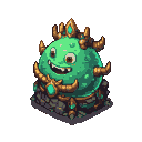 Emerald-green slime king with a gem-encrusted crown and armor, smiling broadly from atop a stone pedestal.