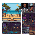 Pixel art beach scene with a yellow sports car, palm trees, and silhouetted figures on a sunny shore, contrasted with dark, neon-lit urban scenes.