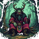 Sinister forest spirit Shurale with glowing red eyes and a sly grin crouches on a gnarled branch, wearing a crimson robe and dark furs, with long, root-like fingers.