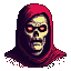 Skeletal figure in a crimson cloak with glowing red pixelated eyes.