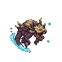 A hunched, aggressive water elemental with a rocky, scaled body in browns and yellows, surrounded by swirling electric blue water effects and glowing blue eyes.