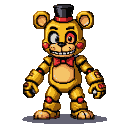 Golden anthropomorphic bear wearing a black top hat with red band and red bowtie. One grey eye, one glowing red eye, red circular cheeks, and red joint accents.