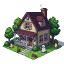 Cozy yellow house with a red-shingled roof, surrounded by green trees. A stone path leads to a porch with a person's silhouette. A snowman and two bird-like figures are in the yard. Smoke rises from the chimney.