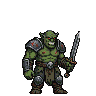 Green-skinned orc warrior with muscular build, wearing dark armor, holding a jagged sword, and with glowing crimson eyes.