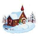 Snow-covered cabin with a red-capped steeple, arched doorway with a green wreath, and small red-capped figures on a snowy path.