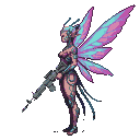 Futuristic pixie in side profile, holding a rifle, with iridescent pink and cyan wings.