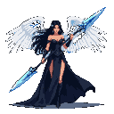 Valkyrie with spread white wings, holding a luminous blue spear, wearing a dark dress.