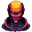 A stern, demonic figure with piercing yellow eyes and a golden bald head, wearing dark purple and blue armor.