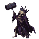 Skeletal warrior in dark, tattered robes and a diadem, holding a massive hammer aloft, poised to strike.