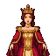 Regal queen in a crimson robe with golden embroidery and a golden jeweled crown.