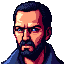 Stern, bearded man with piercing blue eyes and furrowed brow, rendered in retro pixel art with blues, oranges, and reds.