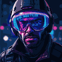 Stoic special forces police officer in cyberpunk portrait, face lit by neon-blue visor goggles reflecting cyan text, with deep shadows and soft neon bokeh background.