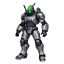 A powerful alien in a detailed, green-faced mech suit with heavy, weathered armor.