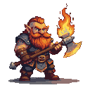 Fierce dwarf warrior with fiery red beard, stern expression, gripping a flaming two-handed axe. Wearing dark leather and metal armor, standing ready for battle.