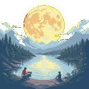Two figures on a lake shore under a luminous full moon, with silhouetted trees and misty mountains in the background.