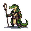 Anthropomorphic crocodile druid in green robe and leather armor, holding a gnarled wooden staff.