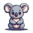 Anime-style koala with large pink-tinged eyes, rosy cheeks, and fluffy ears, sitting with clasped hands.