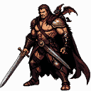 Warrior in dark armor with a flowing cape, a small winged creature on his shoulder, his left arm shrouded in darkness, and his right hand gripping a gleaming sword hilt.