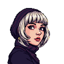 Young woman with silver bob and bangs, red lips, and dark eyeliner, looking to the side against a black background.