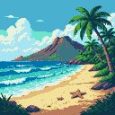 A tropical beach with palm trees, a starfish on the sand, and a distant volcano under a blue sky with clouds.