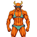 Muscular orange-skinned demon with blue and yellow striped bikini and sunglasses, full body.