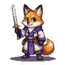 A fox warrior in white and purple robes, holding a gleaming sword aloft.